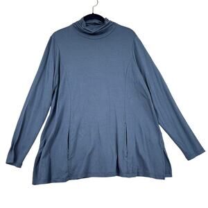 Susan Graver Turtleneck Tunic Size L Petite Blue Jersey Knit Pockets Stretch